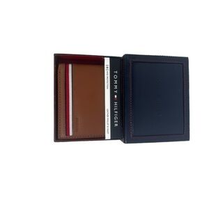 Tommy Hilfiger‎ Men's Leather Wallet Brown w/ Red White Stripe NWT Bifold